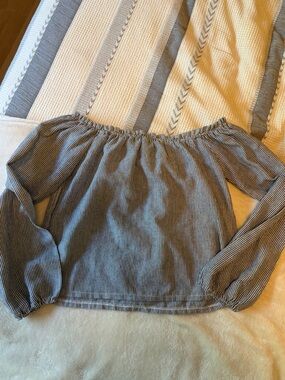 Brandy Melville Blue and White Pinstripe Off-Shoulder Blouse